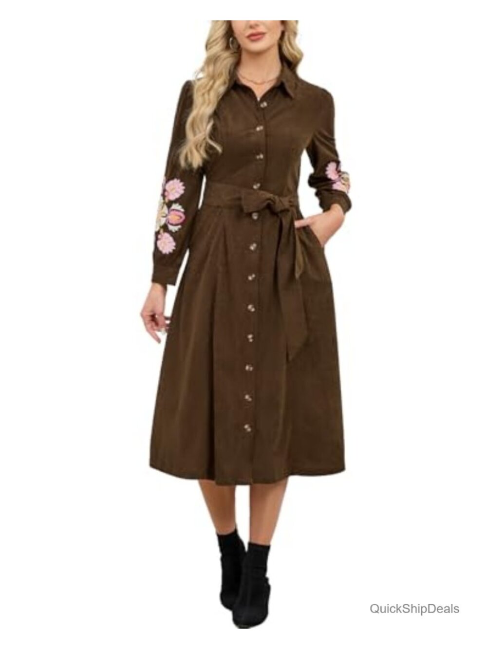Women's Corduroy Maxi Shirt Dress with Long Sleeves, Button Down, Belted,